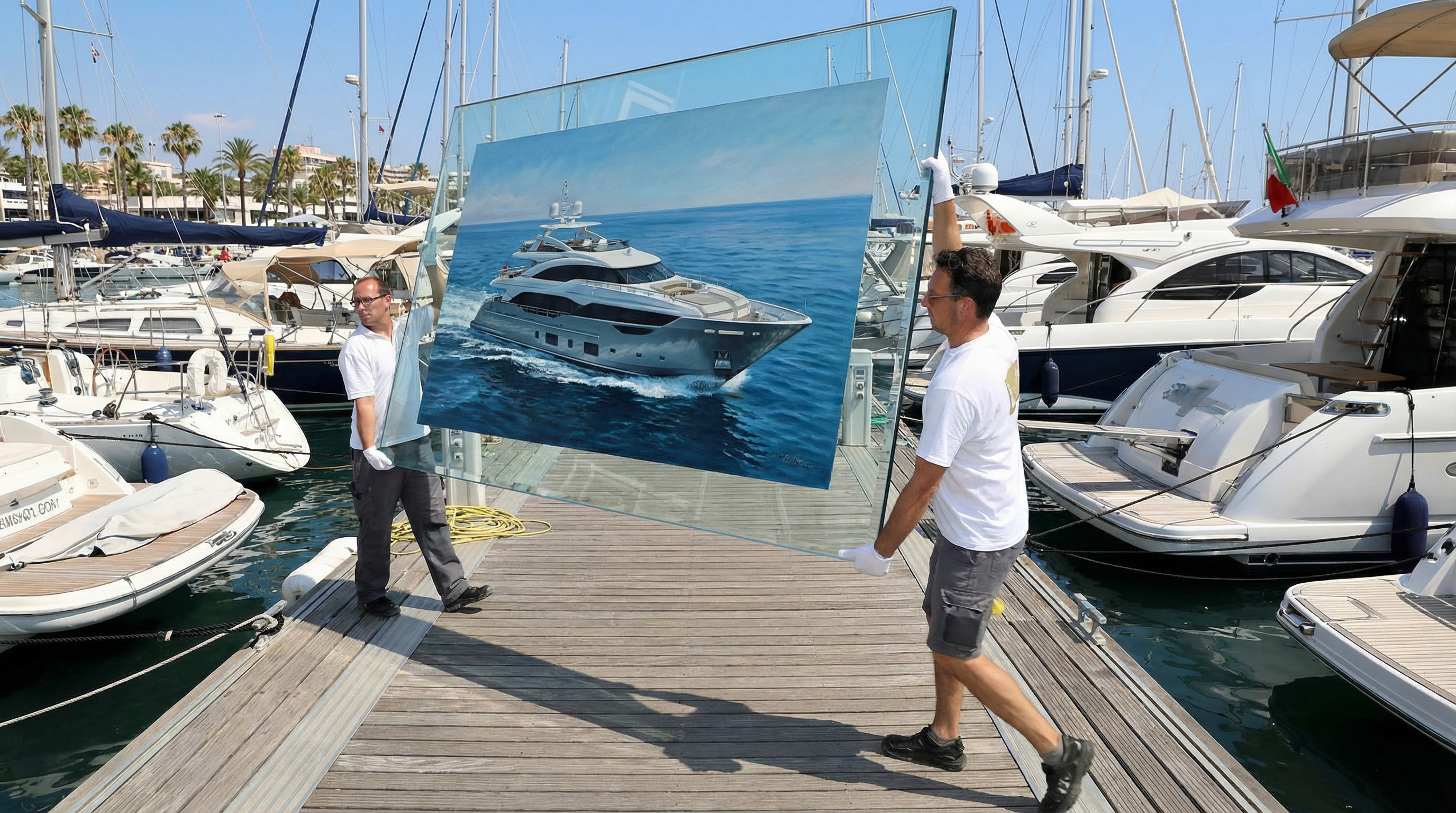 Two men wearing white gloves carrying a large framed painting of a yacht on a marina dock surrounded by boats.