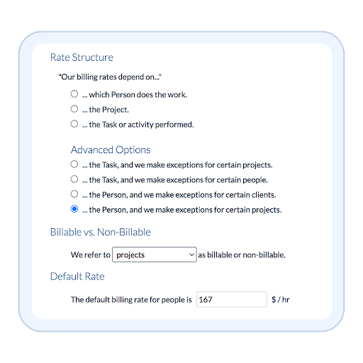 Screenshot of ClickTime's rate setup for a project