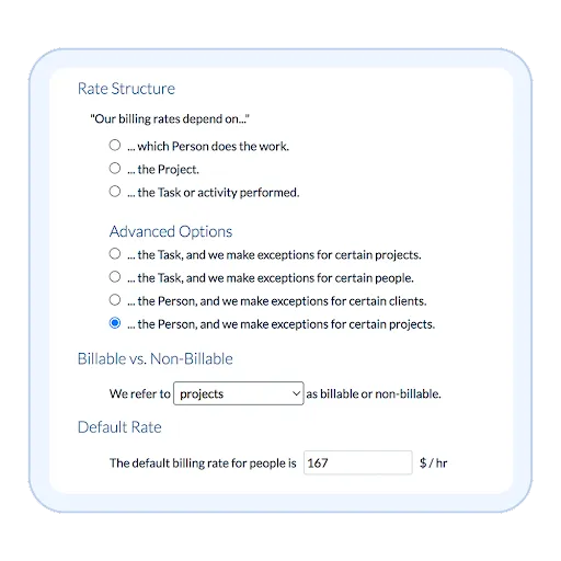Screenshot of ClickTime's rate setup for a project