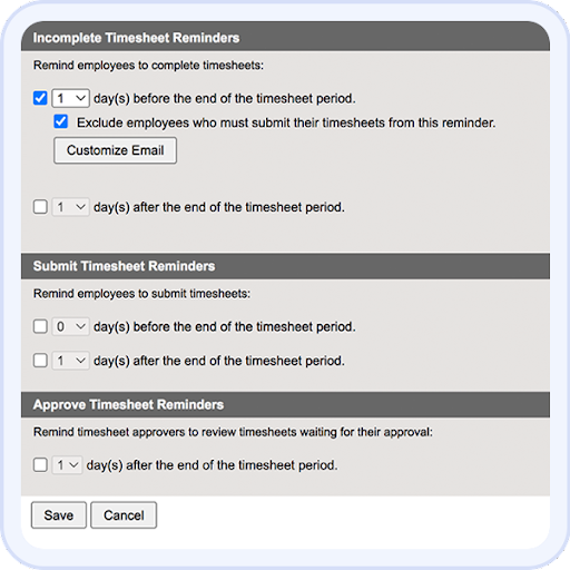 Screenshot of ClickTime's incomplete timesheet reminder setup