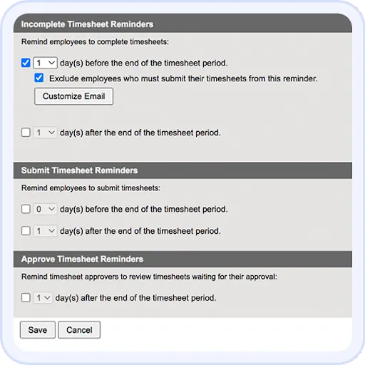 Screenshot of ClickTime's incomplete timesheet reminder setup