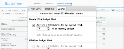 ClickTime Resource Planning Alert Settings