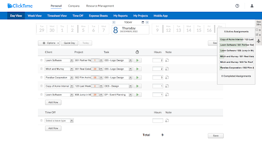 ClickTime Personal Day View
