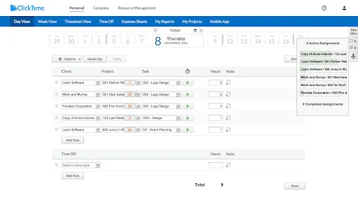 ClickTime Personal Day View