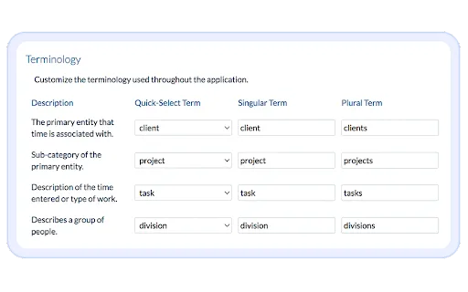 Screenshot of ClickTime's terminology customization feature