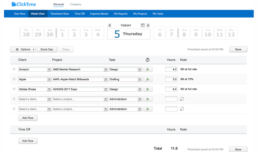 Screenshot of ClickTime's personal week view