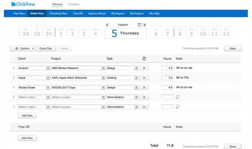 Screenshot of ClickTime's personal week view
