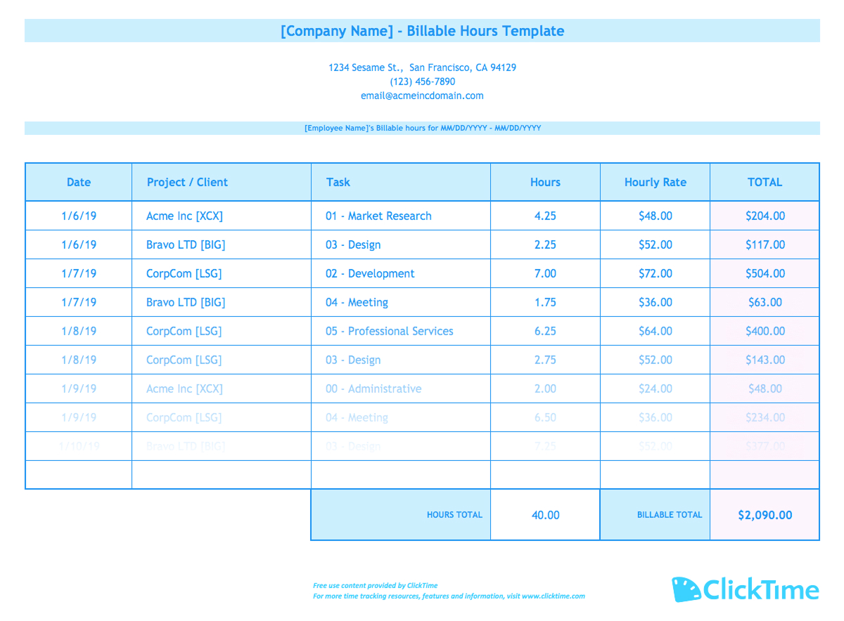 Billable hours template screenshot showing time entries, hourly rates, and invoice totals