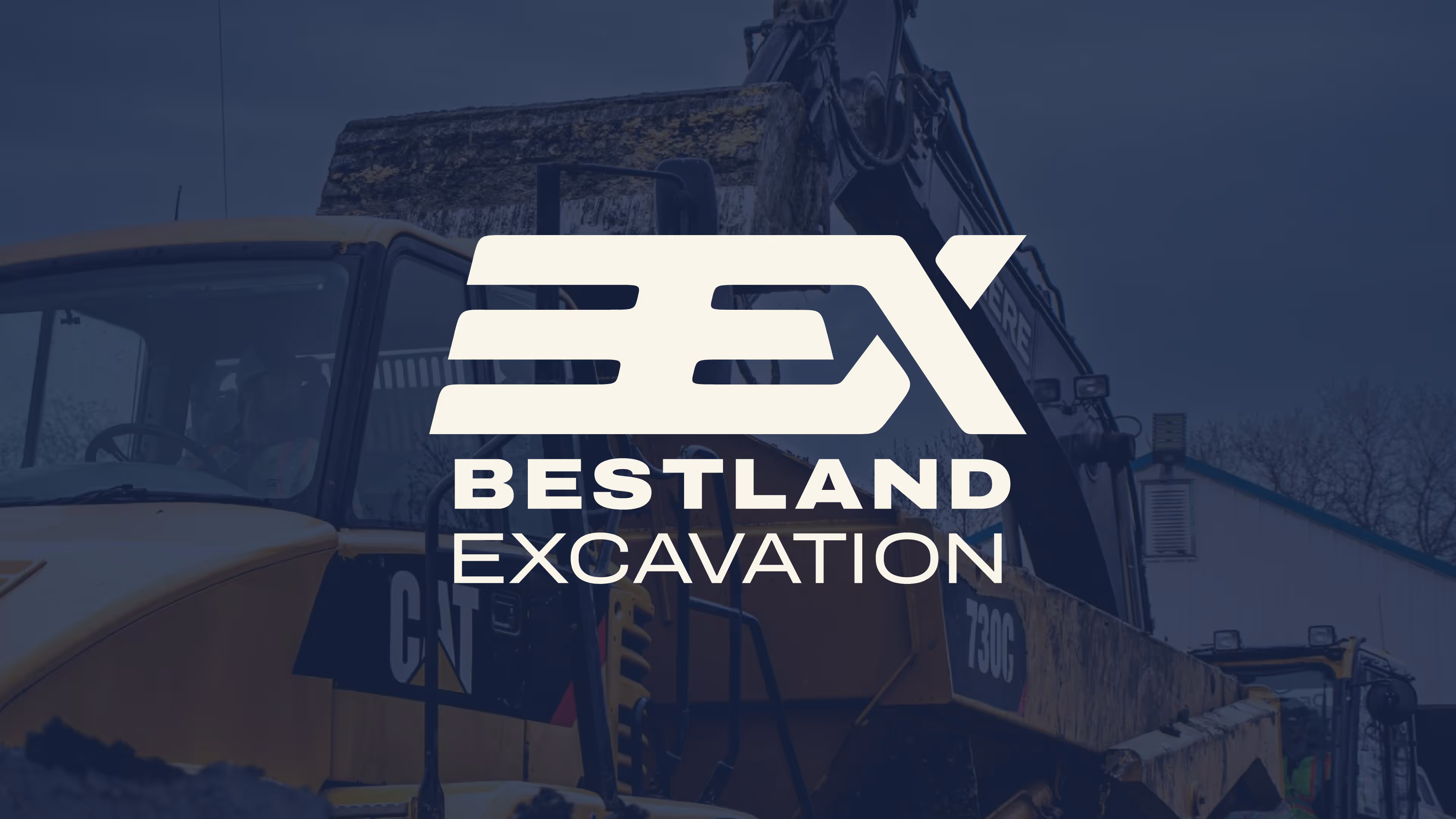 Logo for Bestland Excavation with stylized 'EX' letters, over a background of excavation machinery.