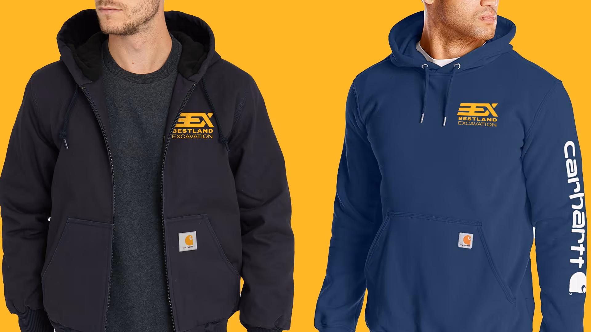 Two men wearing Carhartt work hoodies with Bestland Excavation logos on the chest; one black zip-up and one navy blue pullover.