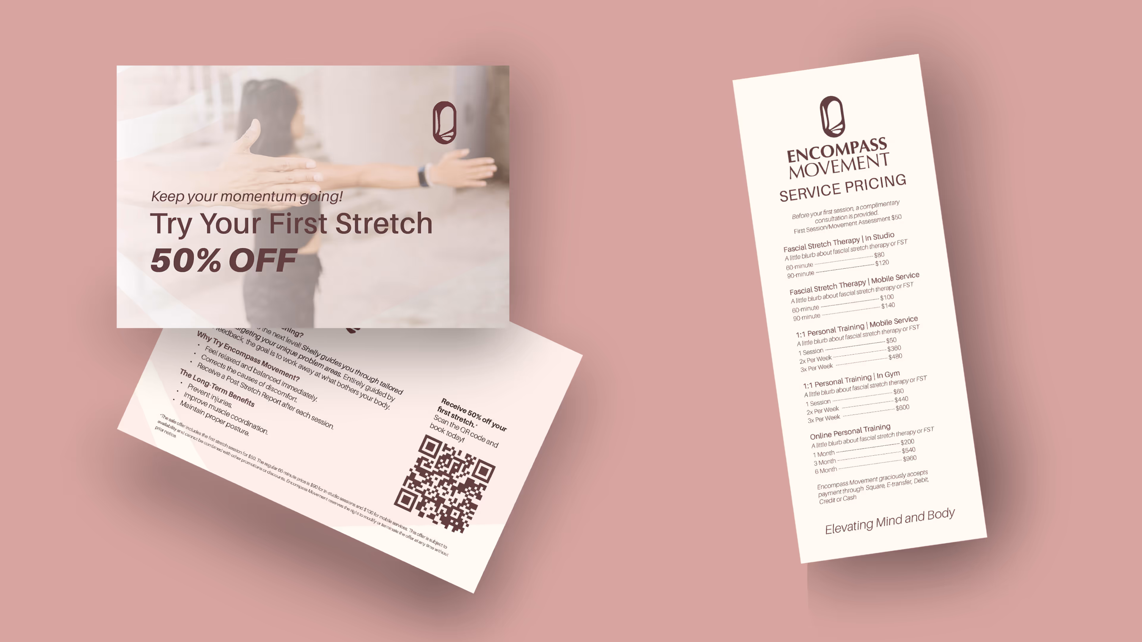 Promotional flyers for Encompass Movement offering 50% off the first stretch and listing service pricing for therapy and personal training.