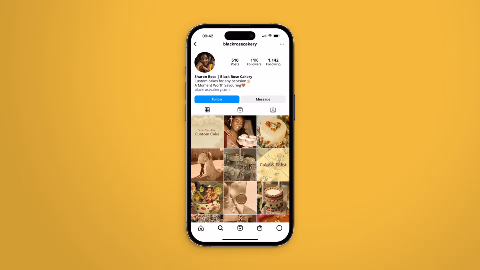 Instagram profile of blackrosecakery showing custom cakes, a profile picture of a smiling woman, and a colorful cake gallery on a smartphone screen.
