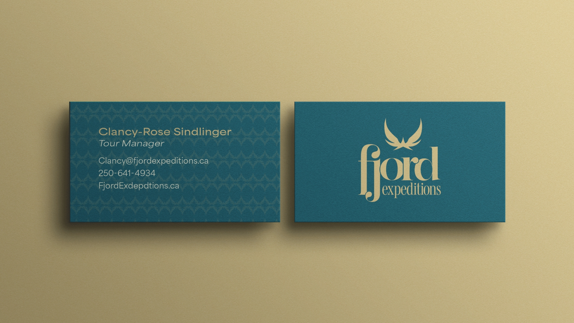 Business card for Clancy-Rose Sindlinger, Tour Manager at Fjord Expeditions, featuring contact email, phone number, and website with teal background and gold text.
