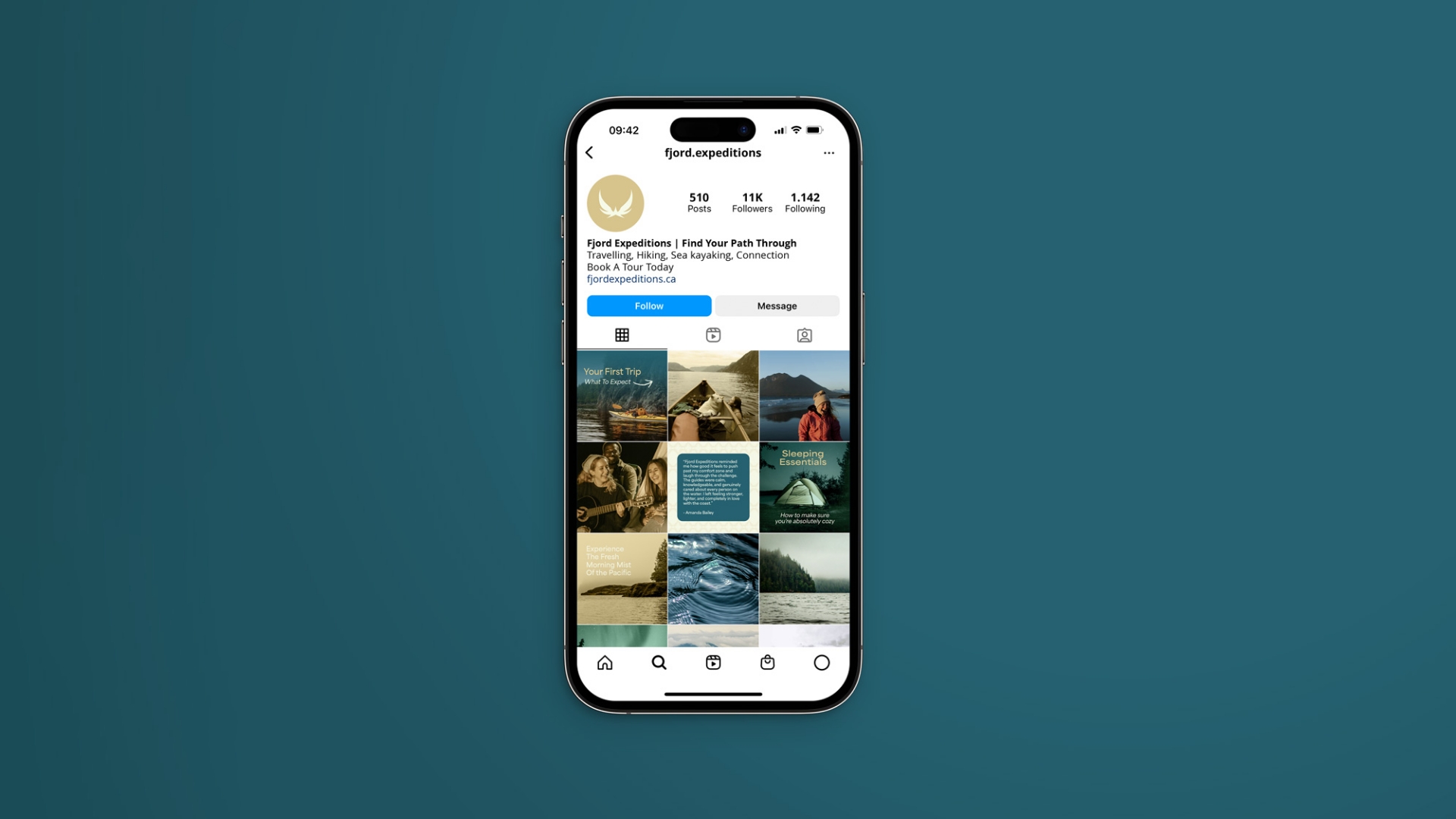 Smartphone displaying the Instagram profile page of Fjord Expeditions with travel-related posts.