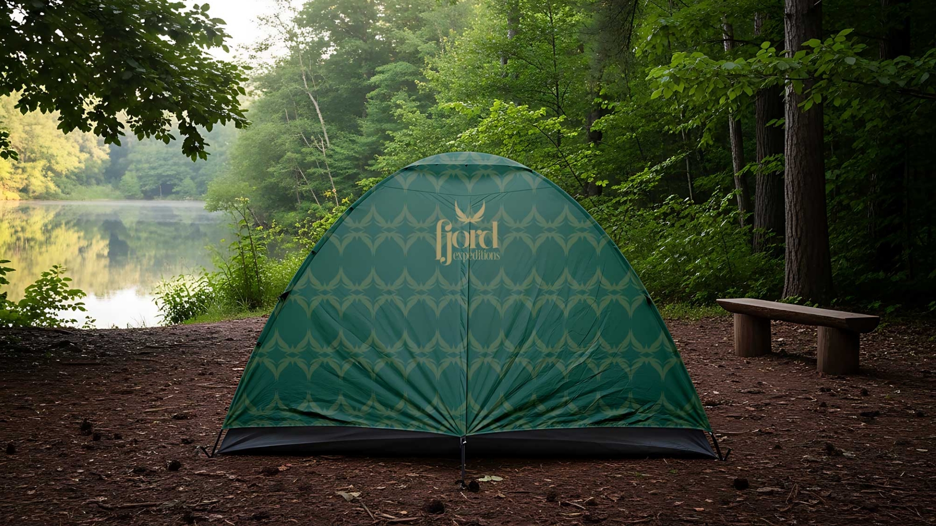Green tent with Fjord Expeditions logo set up on forest ground near a calm lake with surrounding trees.