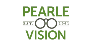 Logo for Pearle Vision featuring green text and an icon of eyeglasses.