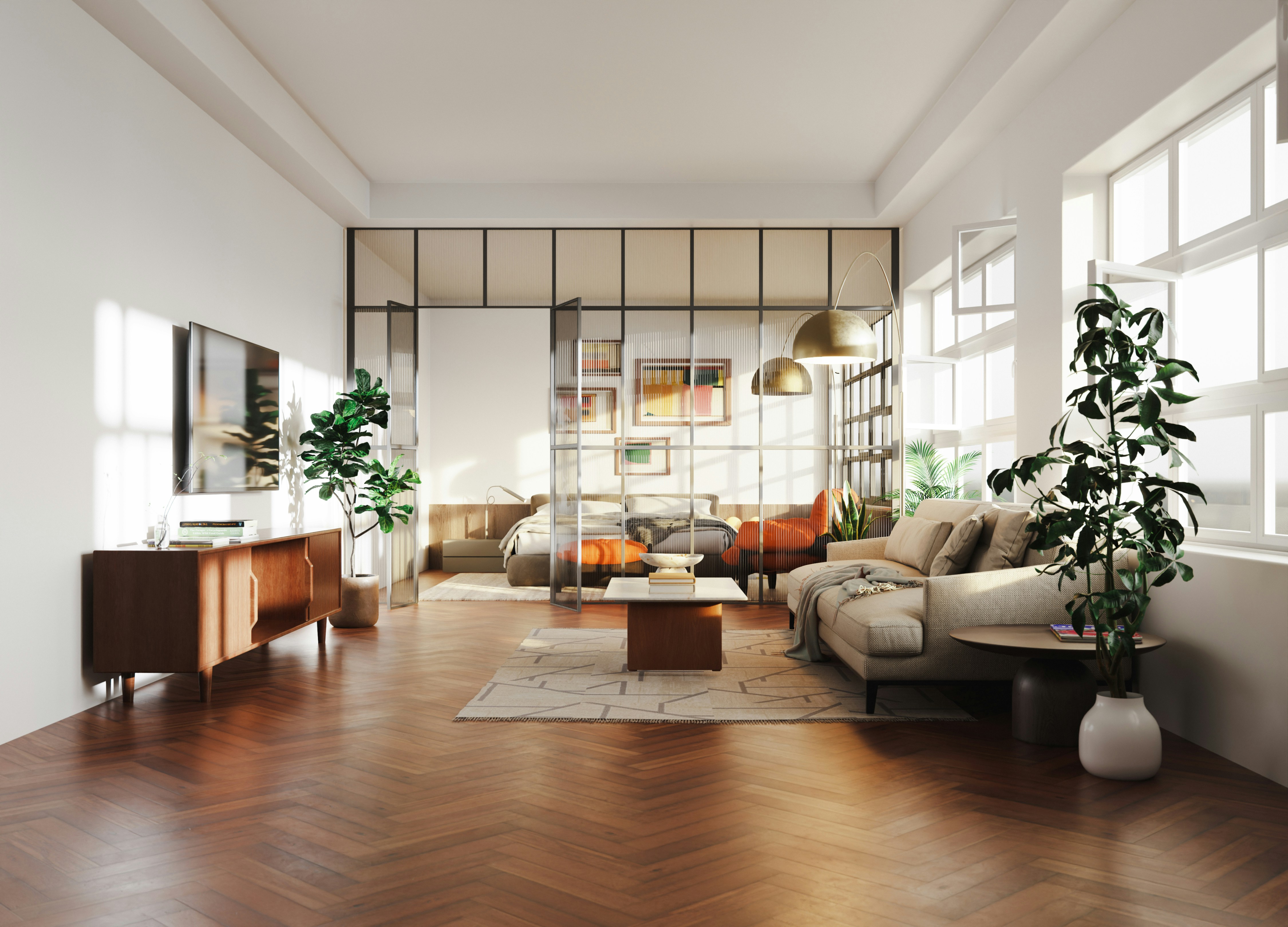 Sunlit open living room with herringbone floors