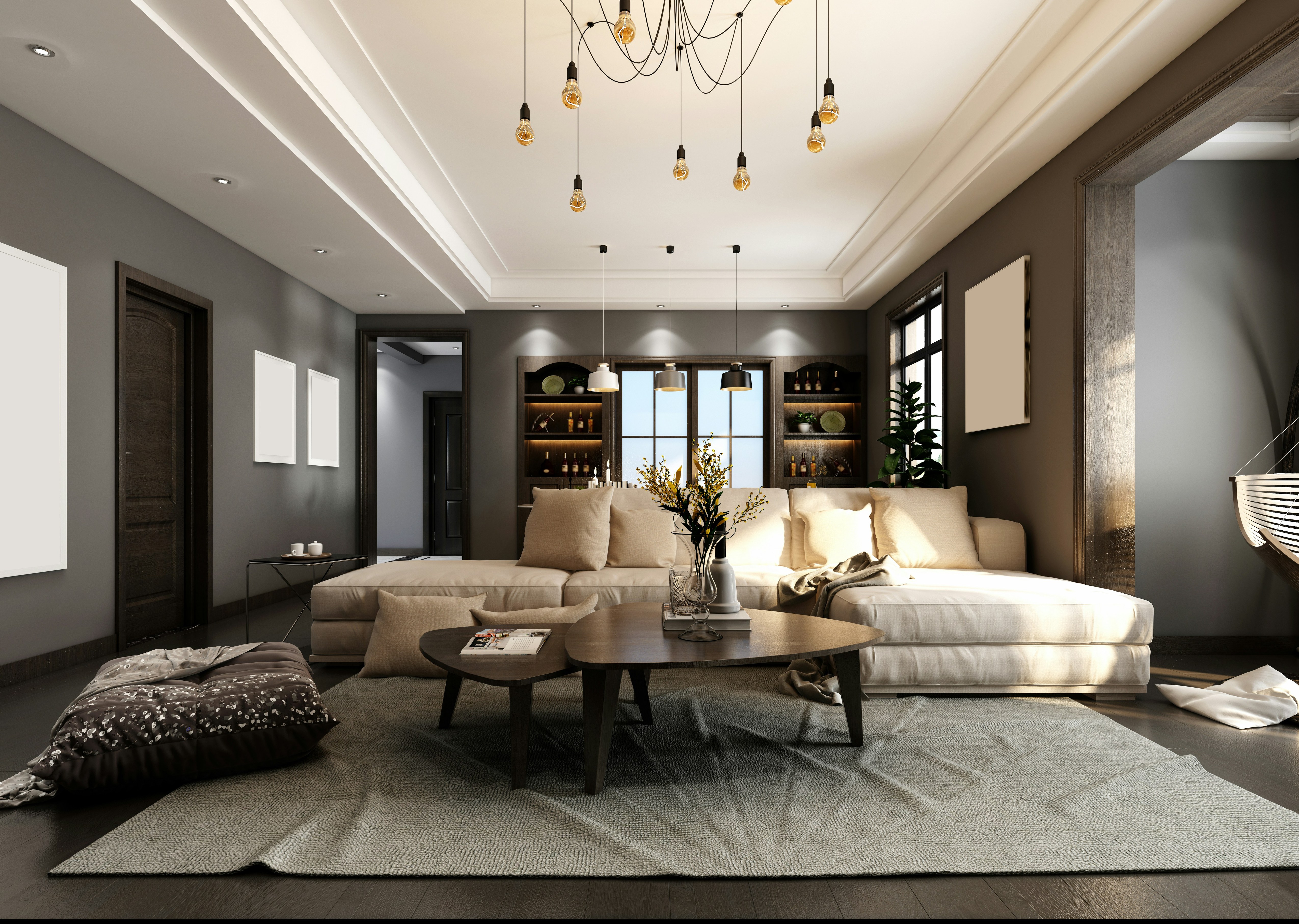 Living room with chandelier and built in shelves