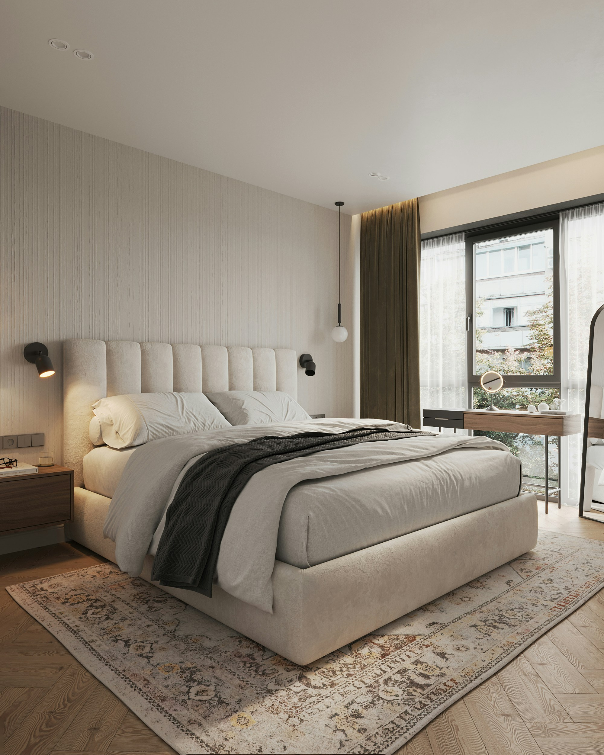 Primary bedroom with upholstered bed and soft light