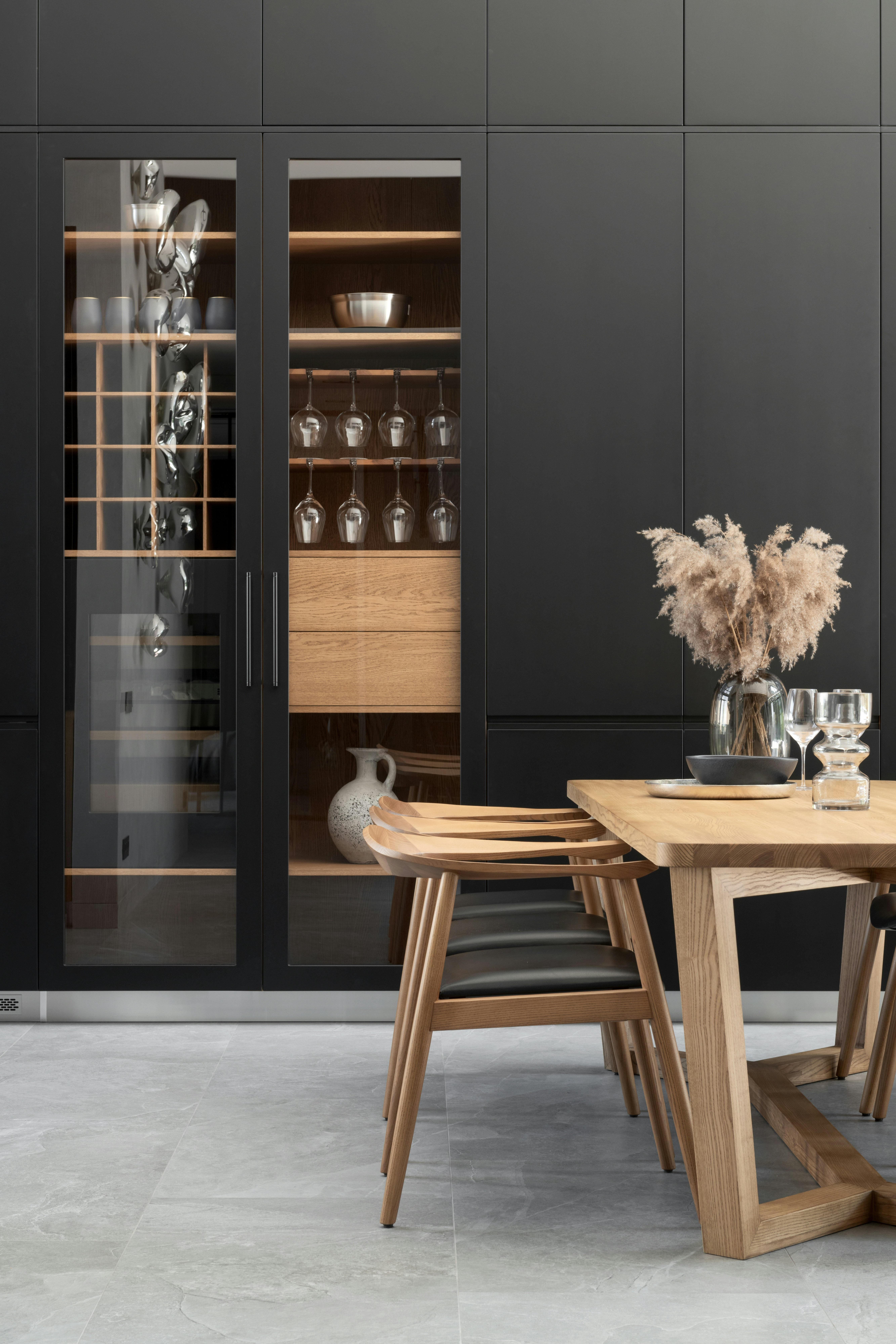 Dining nook with black cabinets
