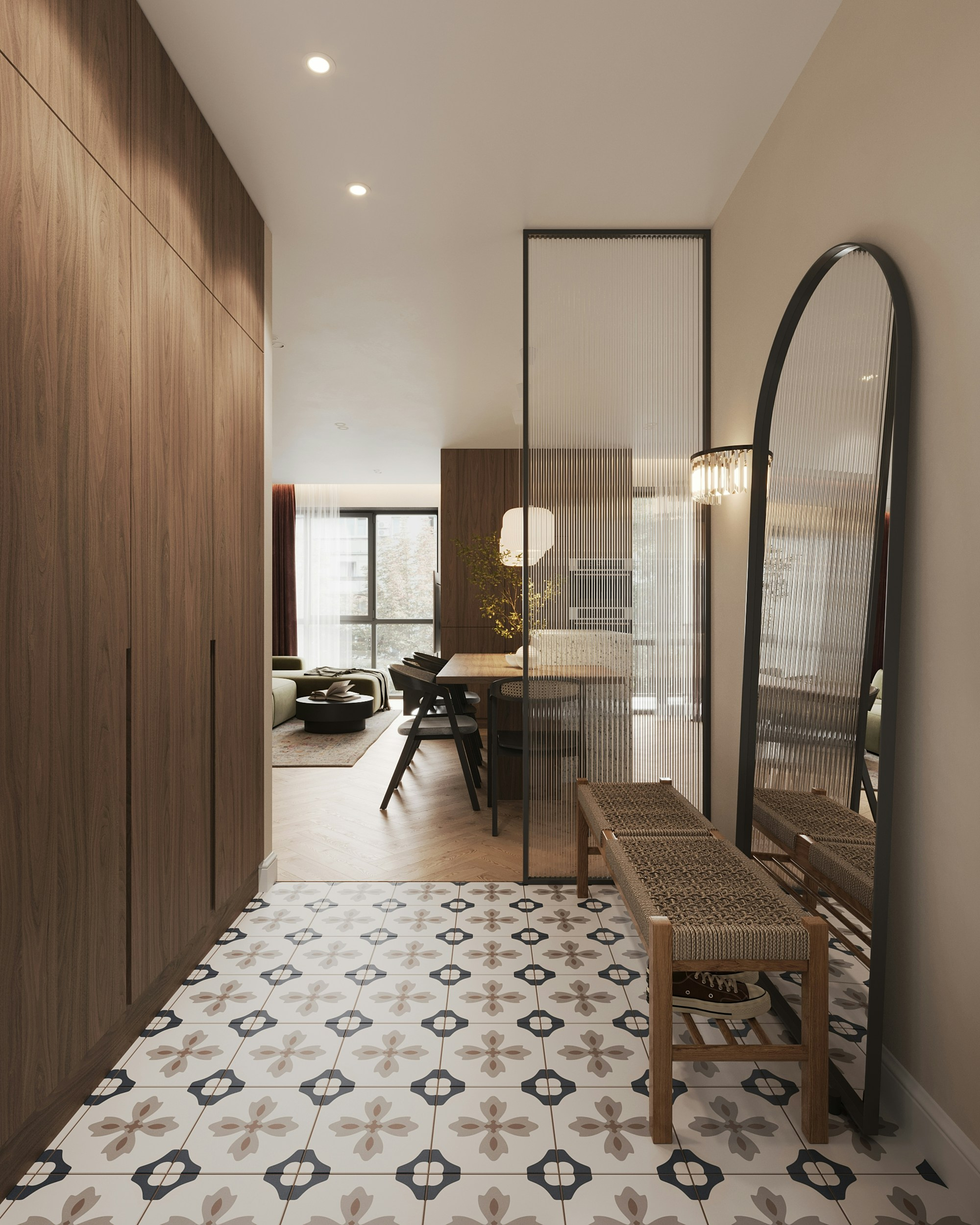 Entry hall with patterned tile