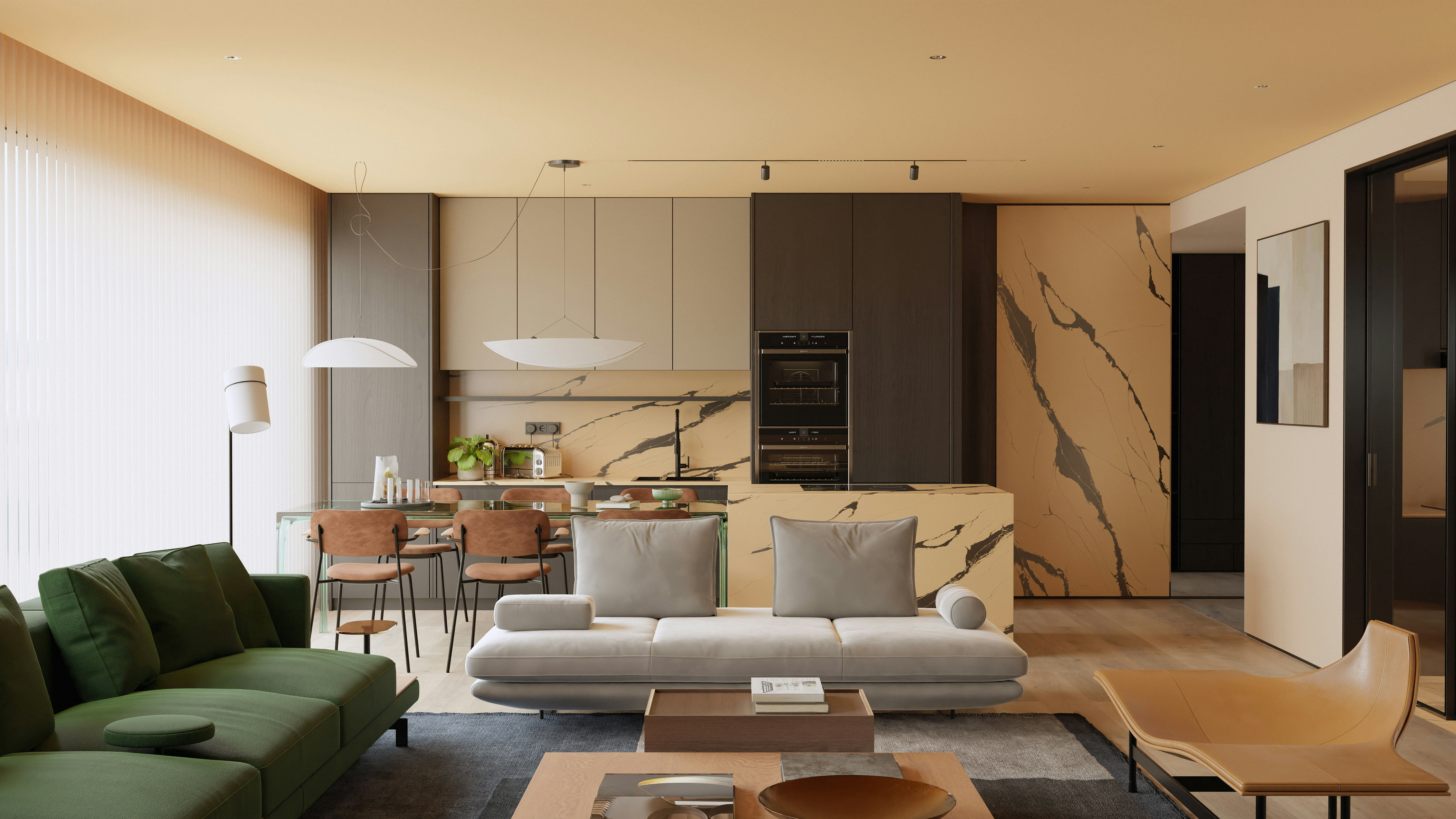 Open kitchen and living room with marble wall