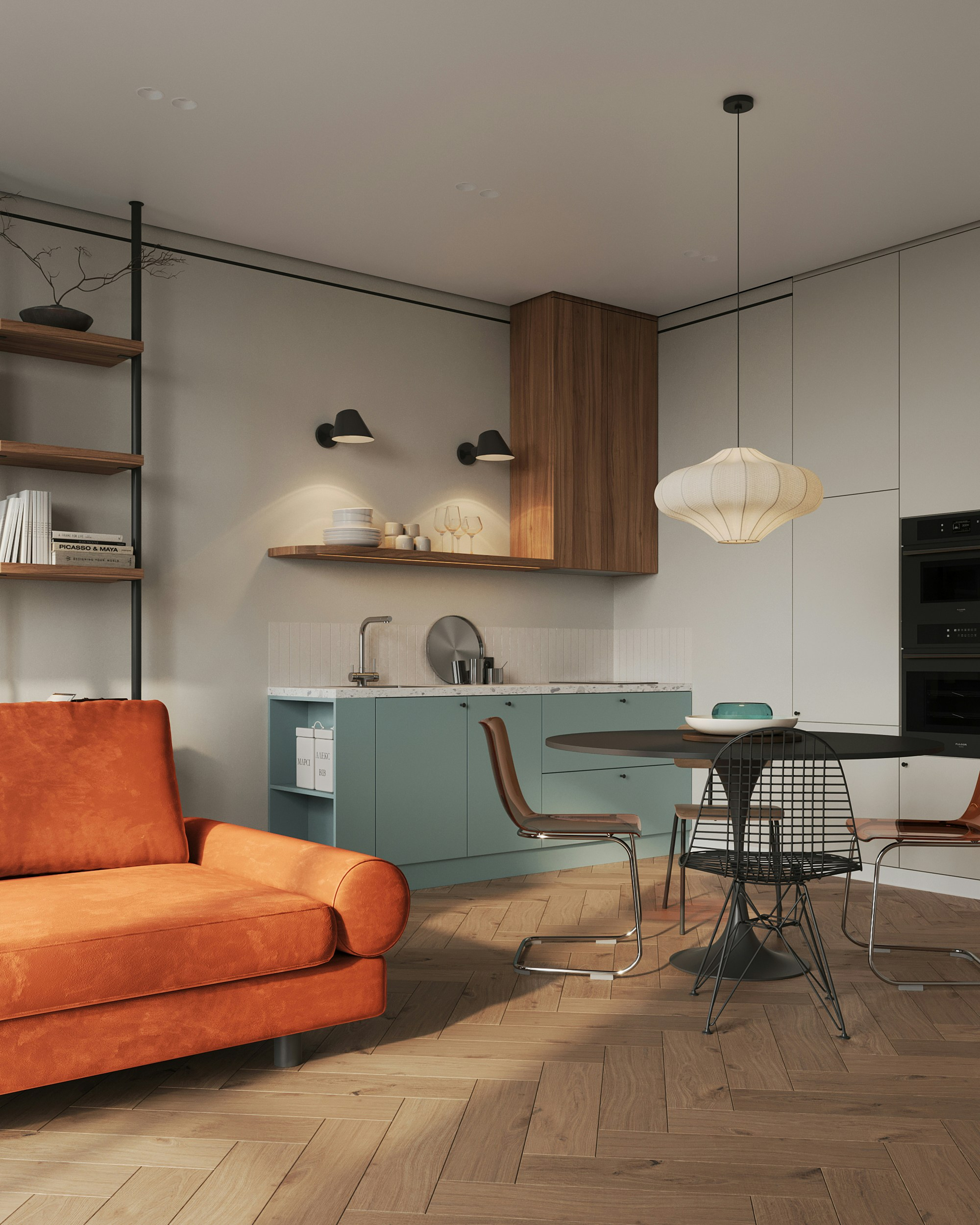 Open kitchen with orange sofa