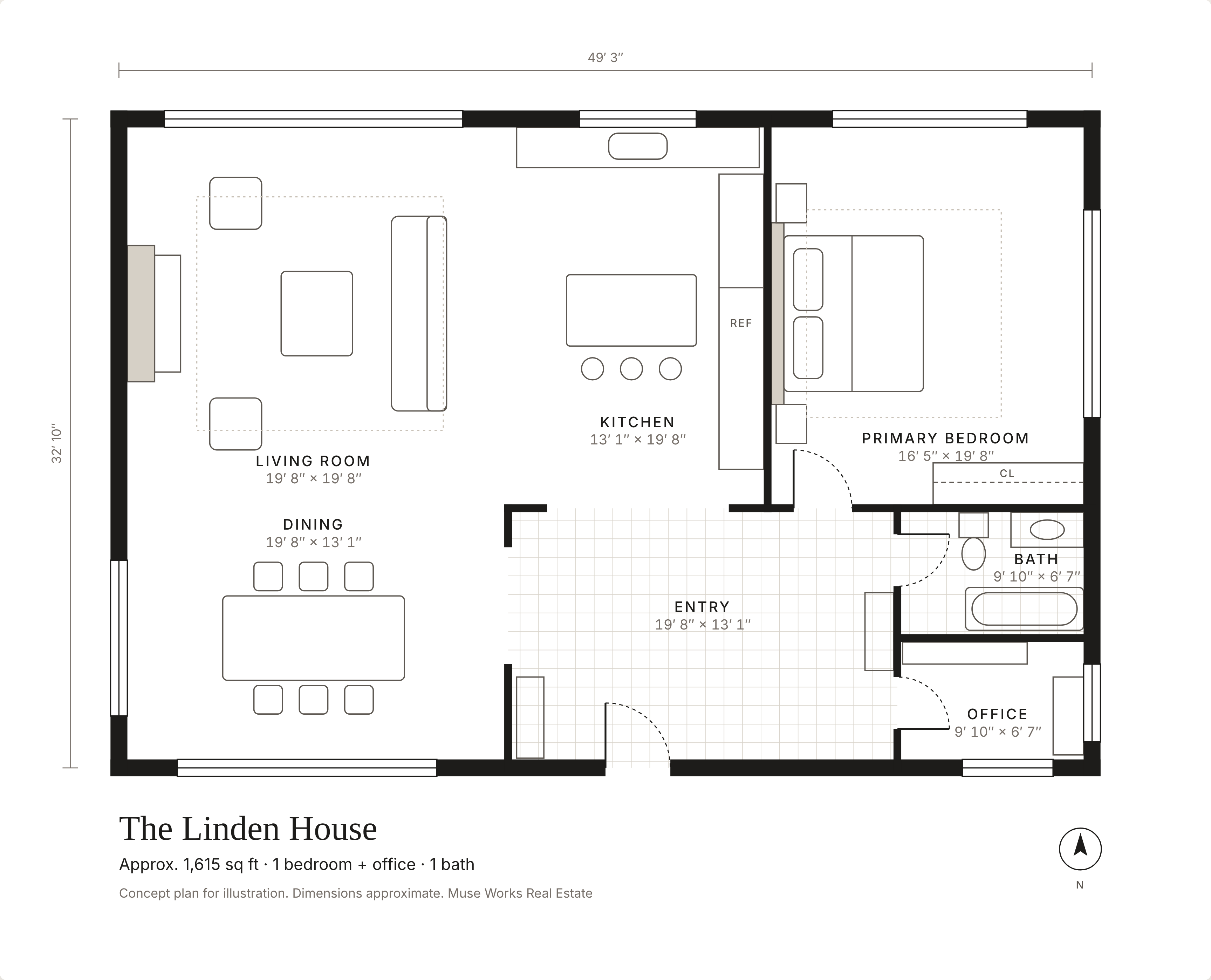 Floor plan of The Linden House, an open plan single story home