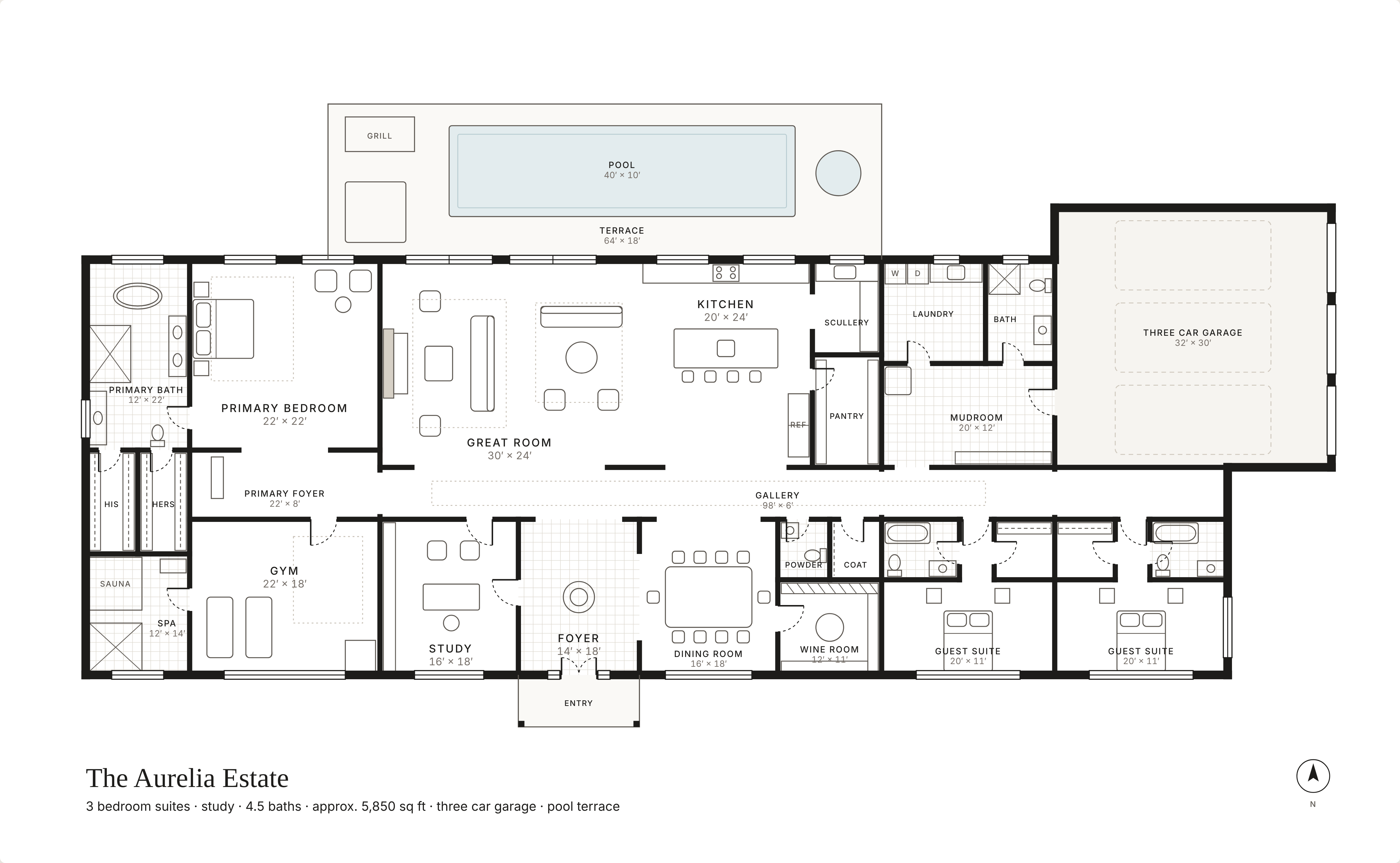 Floor plan of The Aurelia Estate, a luxury single level home with pool terrace