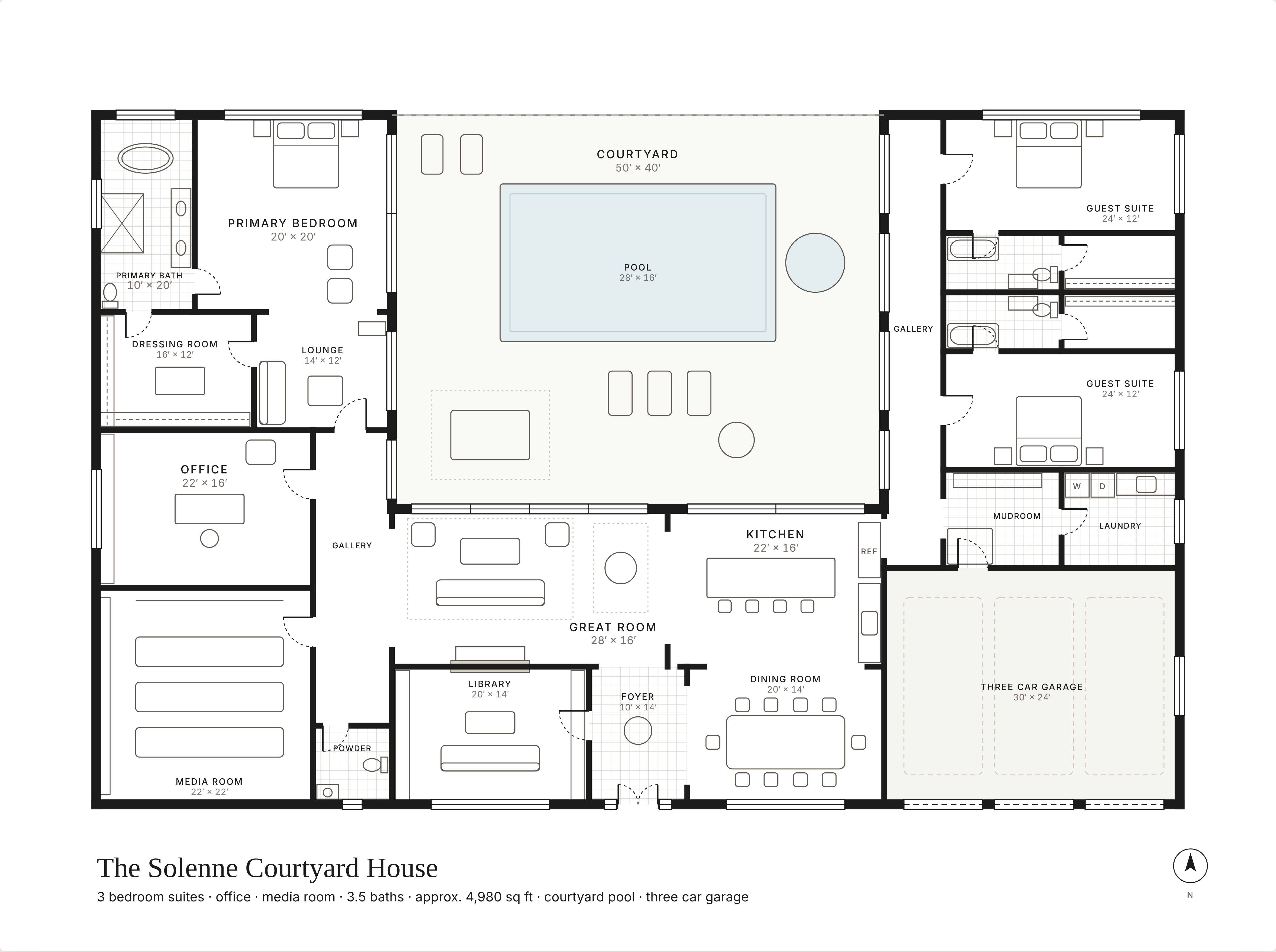 Floor plan of The Solenne Courtyard House, a U shaped home around a pool courtyard