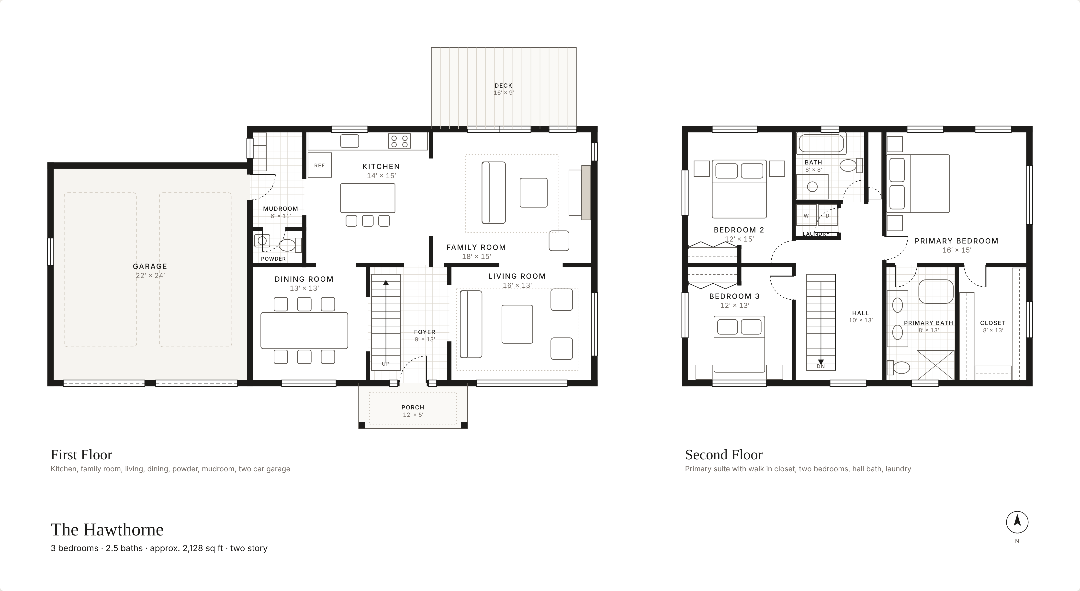 First and second floor plans of The Hawthorne, a two story colonial
