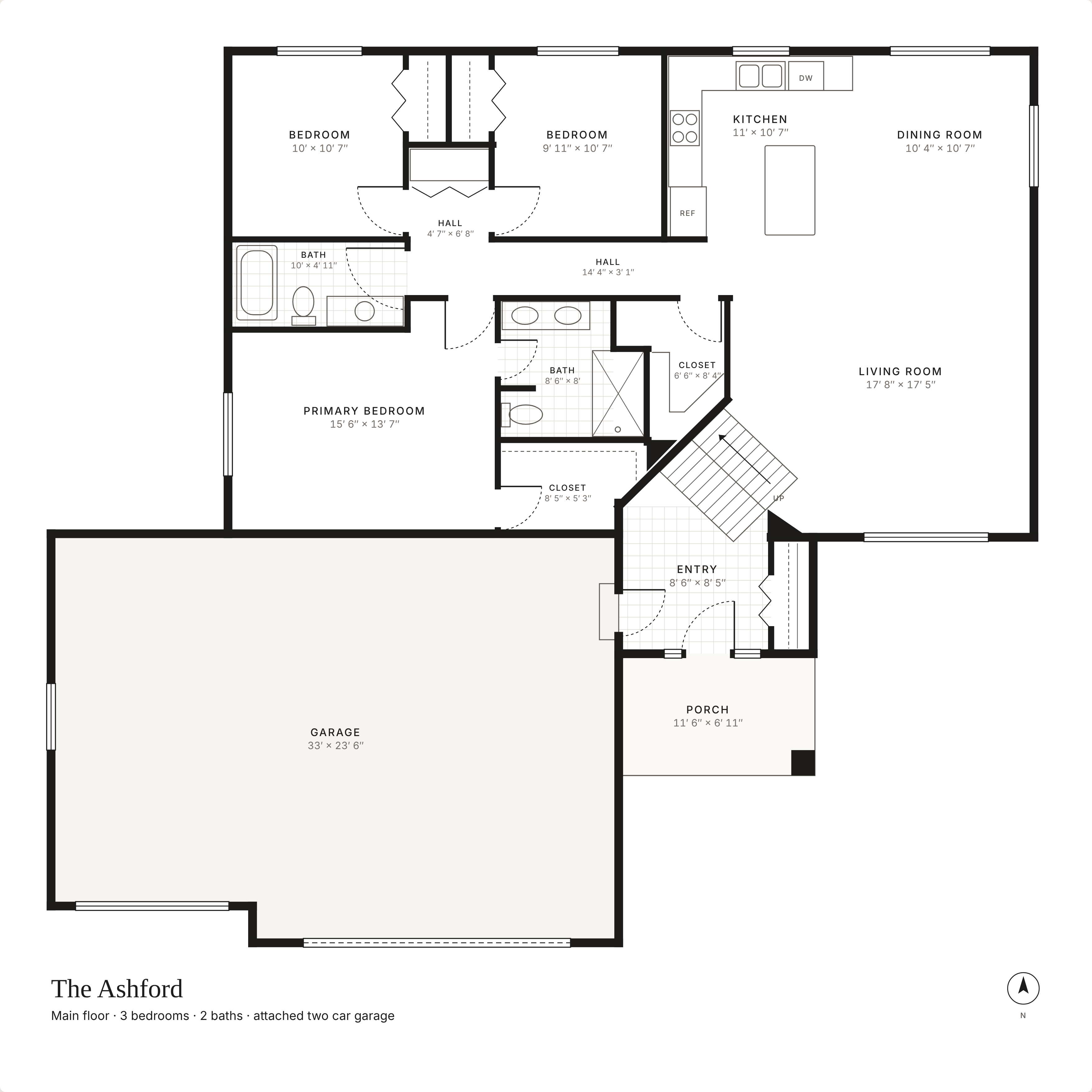 Floor plan of The Ashford, a three bedroom home with a two car garage