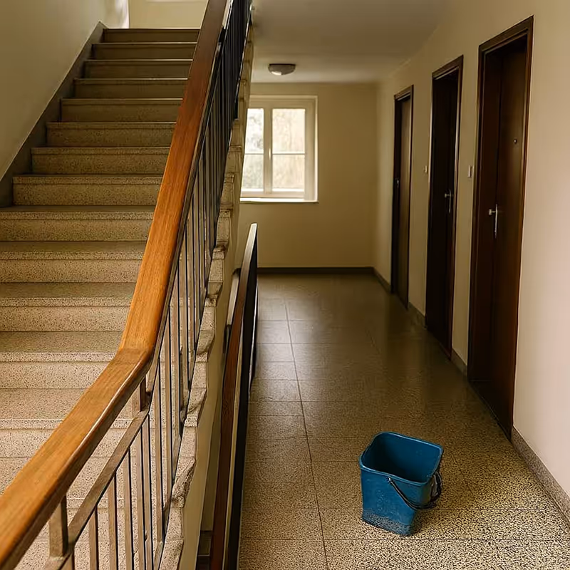 Treppenhaus mit Fenster, drei geschlossenen Türen und einem blauen Eimer auf dem Boden.