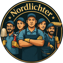 Logo mit fünf Reinigungskräften in Arbeitskleidung und Werkzeug, darüber der Schriftzug Nordlichter.