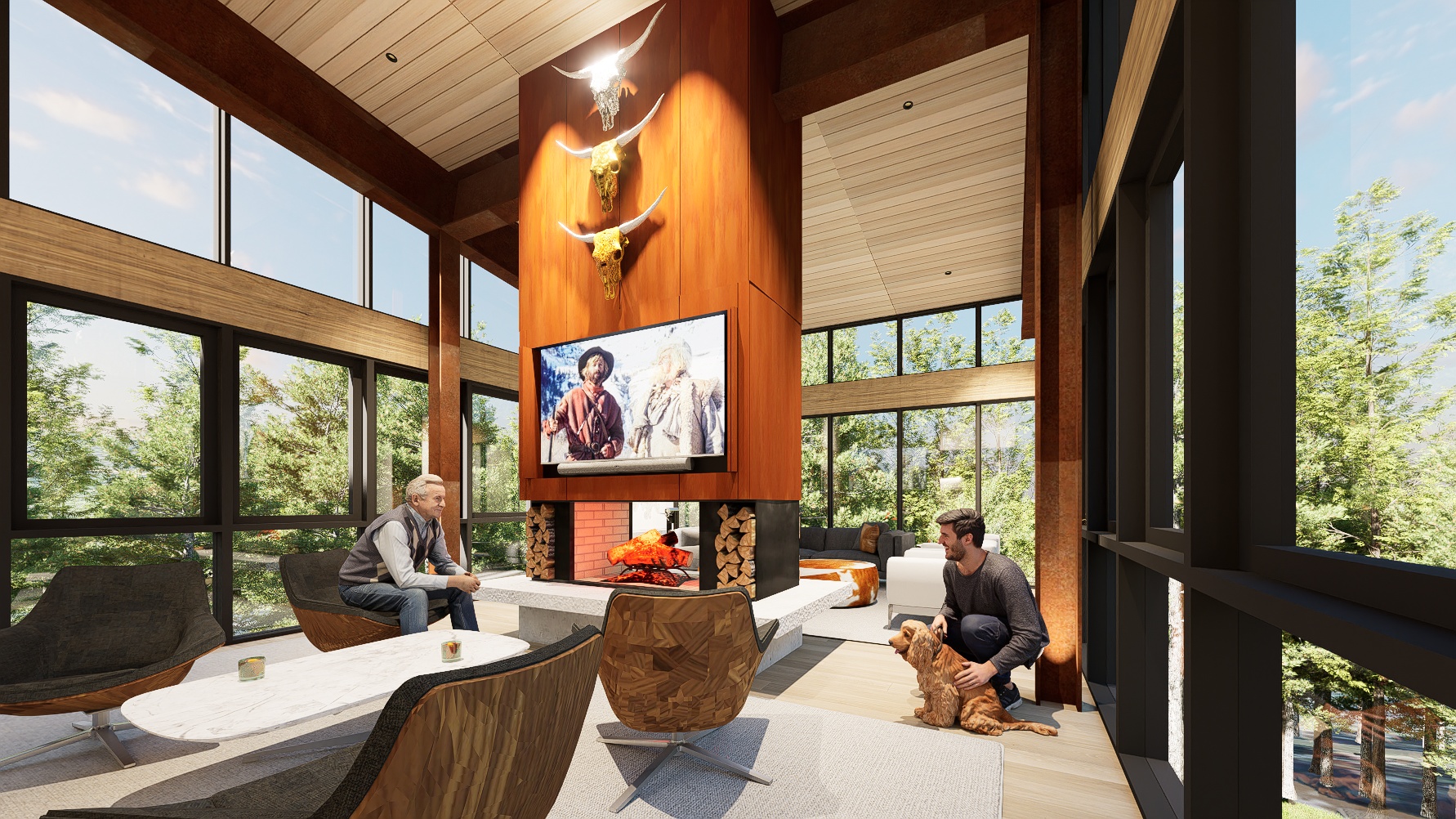 Modern living room with large windows, a central fireplace with mounted bull skull decorations, two men seated and petting a dog, and contemporary furniture.