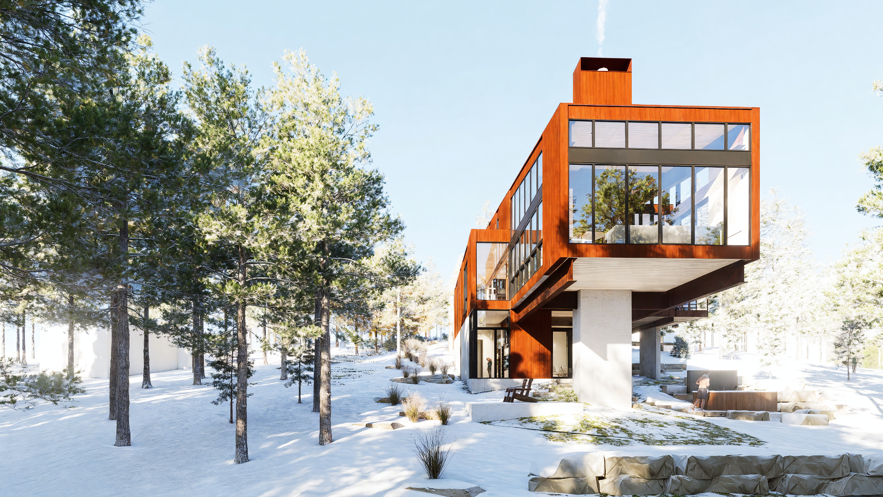 Modern house with large glass windows and rust-colored frame set on snow-covered ground surrounded by pine trees.