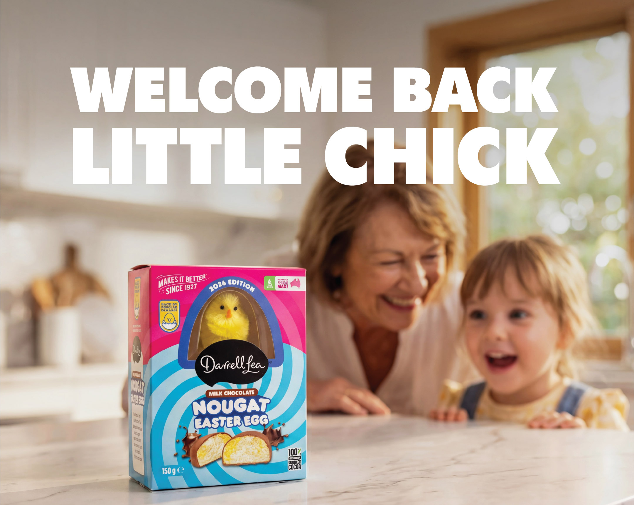 AI-generated Darrell Lea Easter lifestyle image of a grandmother and child smiling at a chocolate Little Chick pack, headline 'Welcome back little chick', by Matter Studio