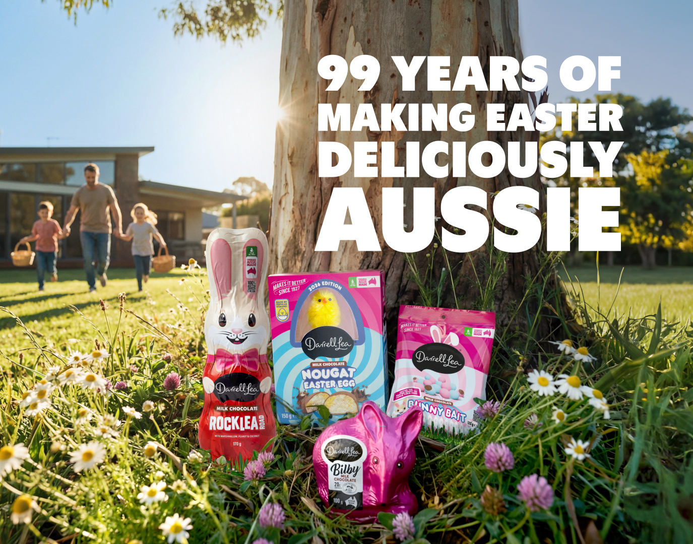 AI-generated Darrell Lea Easter range shot: chocolate bunny, bilby and egg packs on grass beneath a gum tree with the headline '99 years of making Easter deliciously Aussie', by Matter Studio