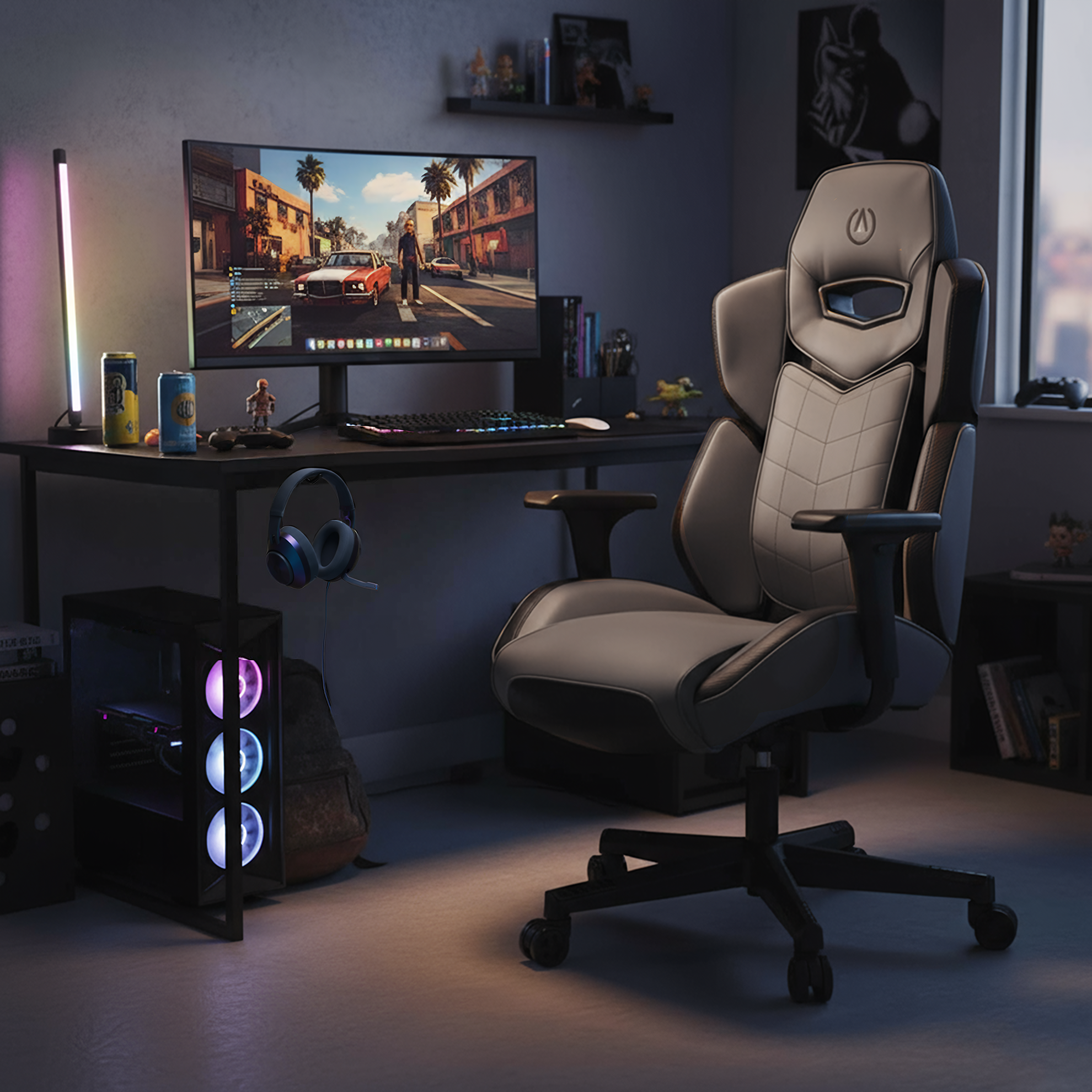 AI-generated product image of a grey Buro gaming chair at a desk with a widescreen monitor and RGB-lit PC in a dim room, by Matter Studio
