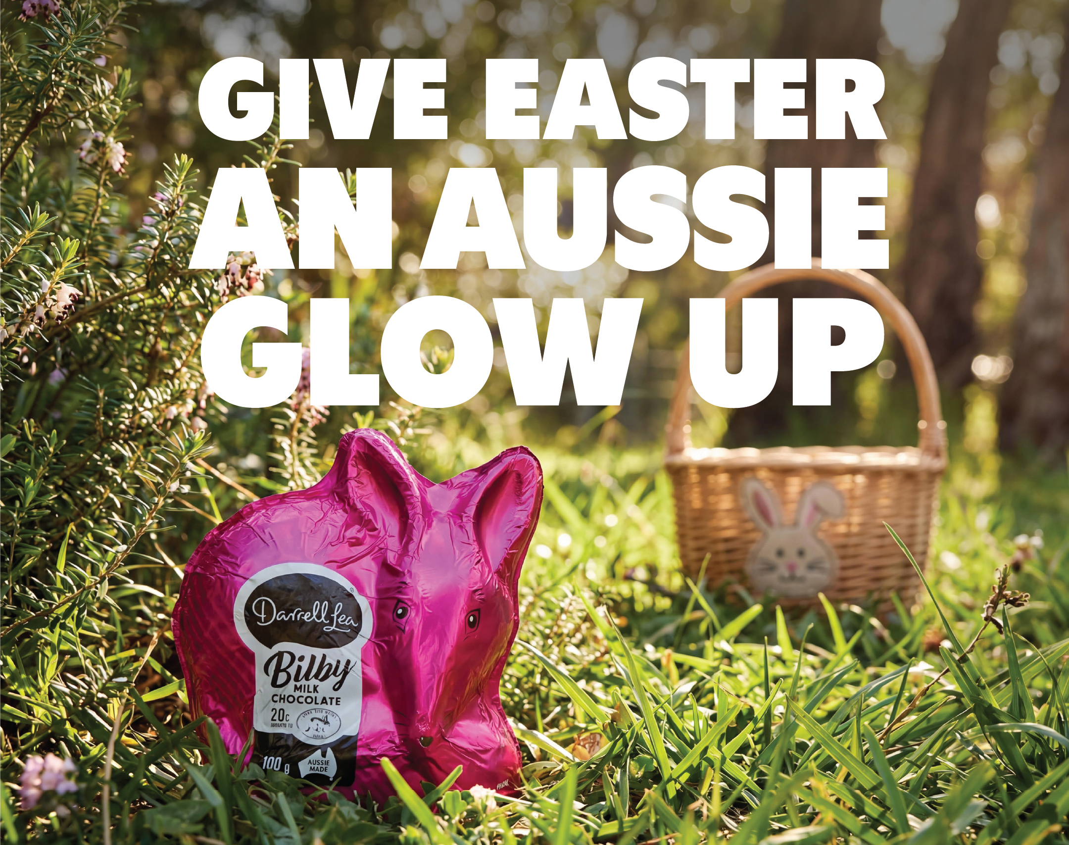 AI-generated Darrell Lea Easter bilby chocolate pack in a sunlit garden with an Easter basket, headline 'Give Easter an Aussie glow up', by Matter Studio