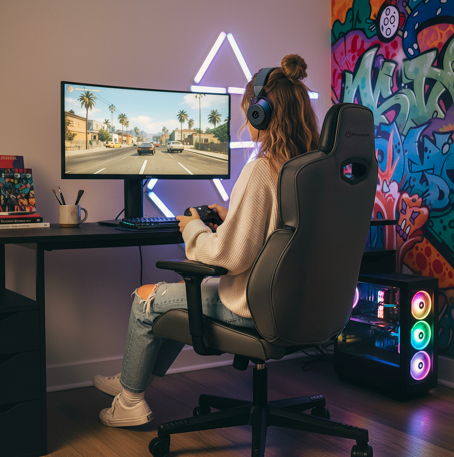 AI-generated lifestyle image of a gamer wearing a PowerA headset in a Buro gaming chair, facing a monitor beneath neon signage and a graffiti wall, by Matter Studio