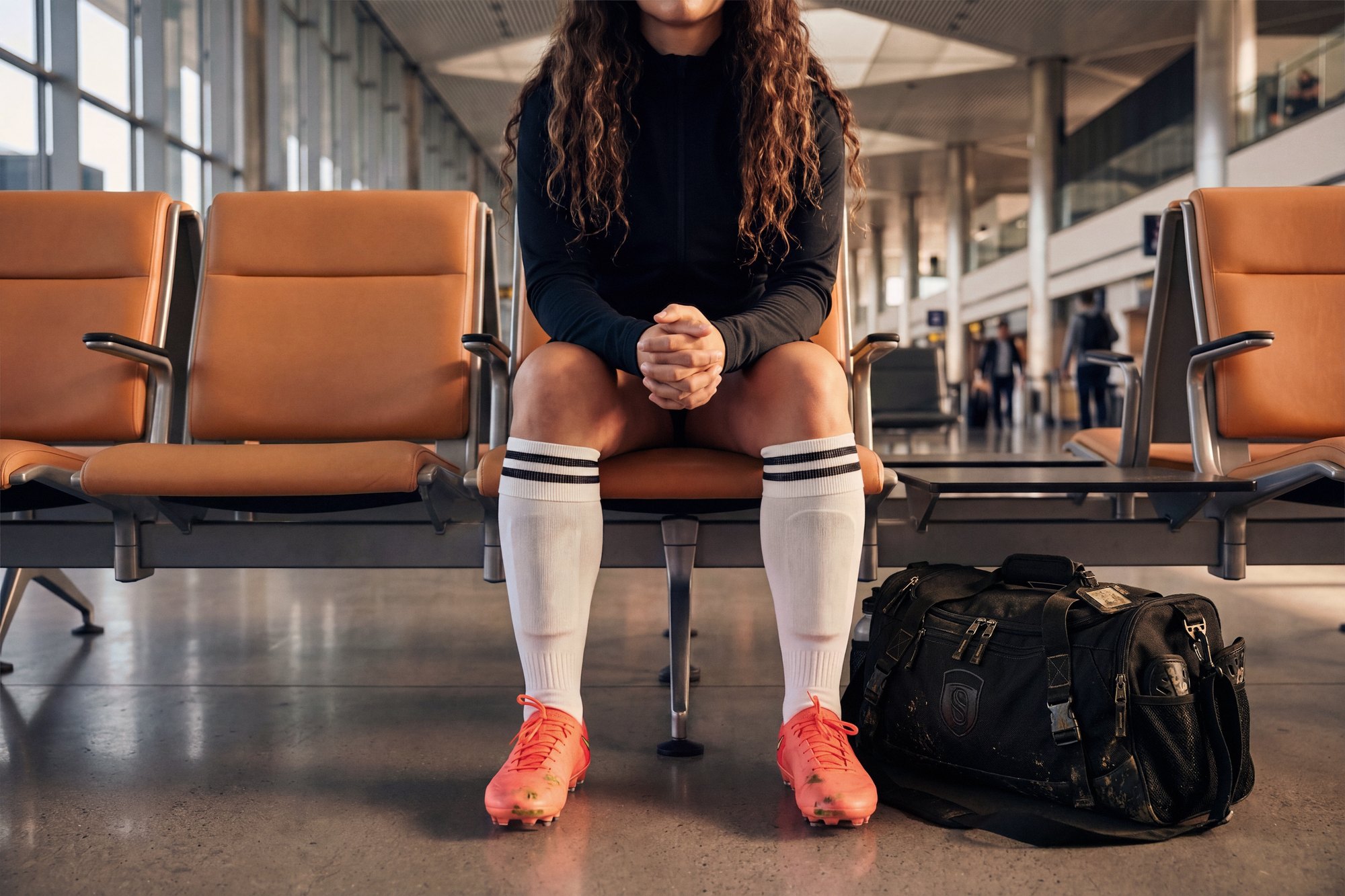 Match Day: a traveller in orange football boots and white striped socks waiting at an airport gate with a kit bag, shown from the knees down - AI-generated image by Matter Studio for Zurich Travel Guard