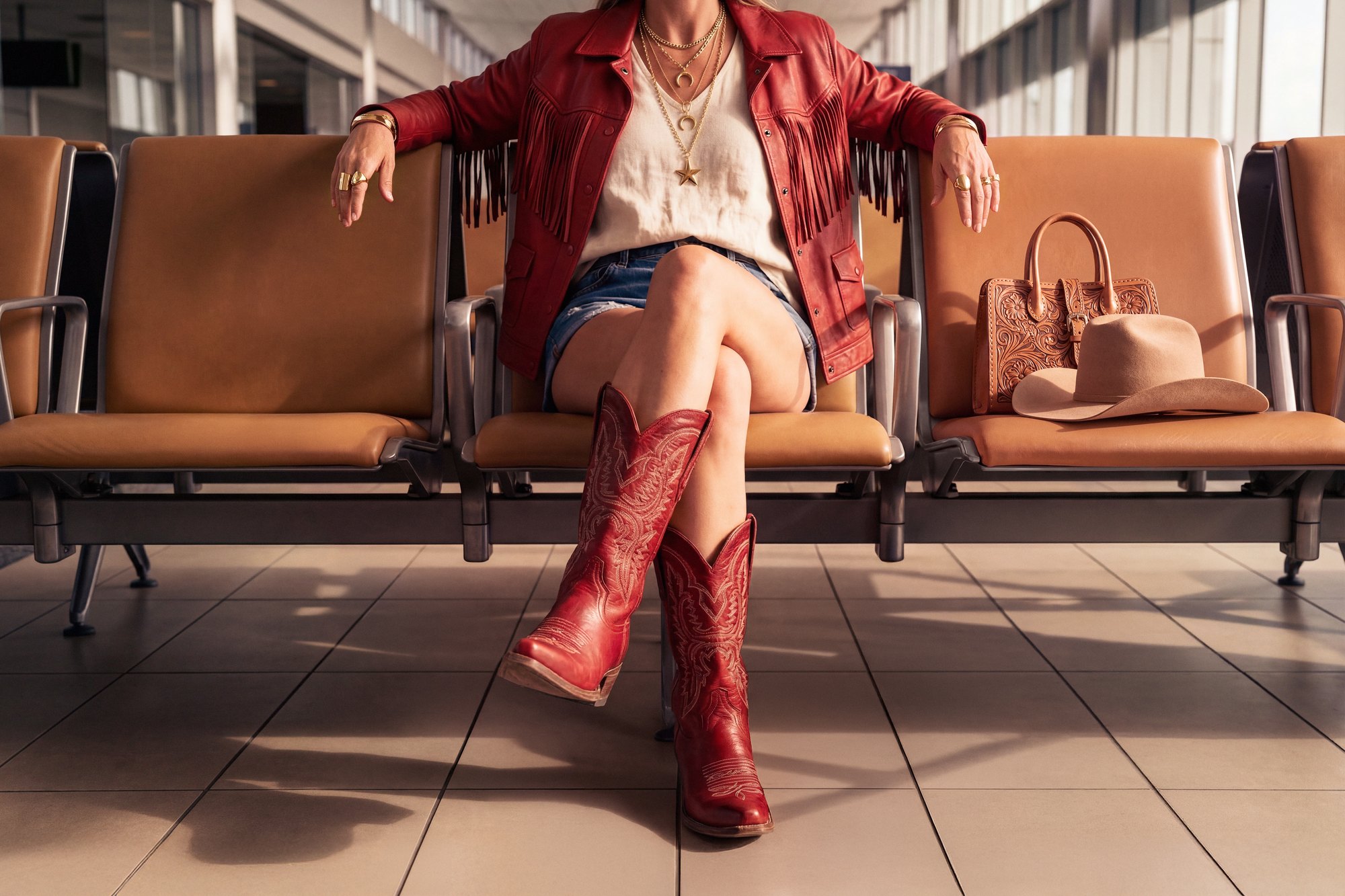 Nashville: a traveller in red cowboy boots, denim shorts and a fringed red jacket waiting at an airport gate, shown from the knees down - AI-generated image by Matter Studio for Zurich Travel Guard