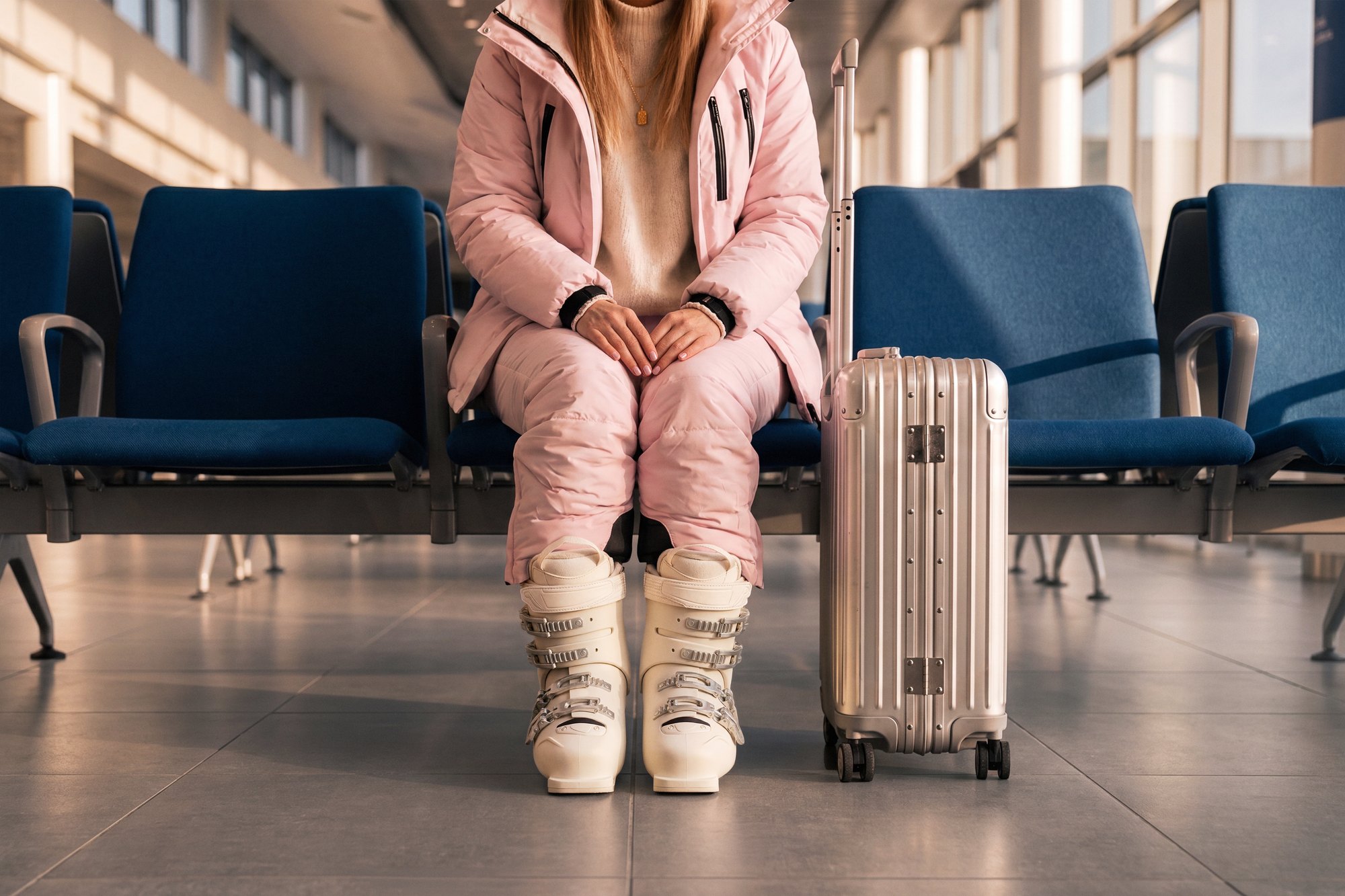 The Mountain: a traveller in a pink ski suit and cream ski boots waiting at an airport gate beside a silver suitcase, shown from the knees down - AI-generated image by Matter Studio for Zurich Travel Guard