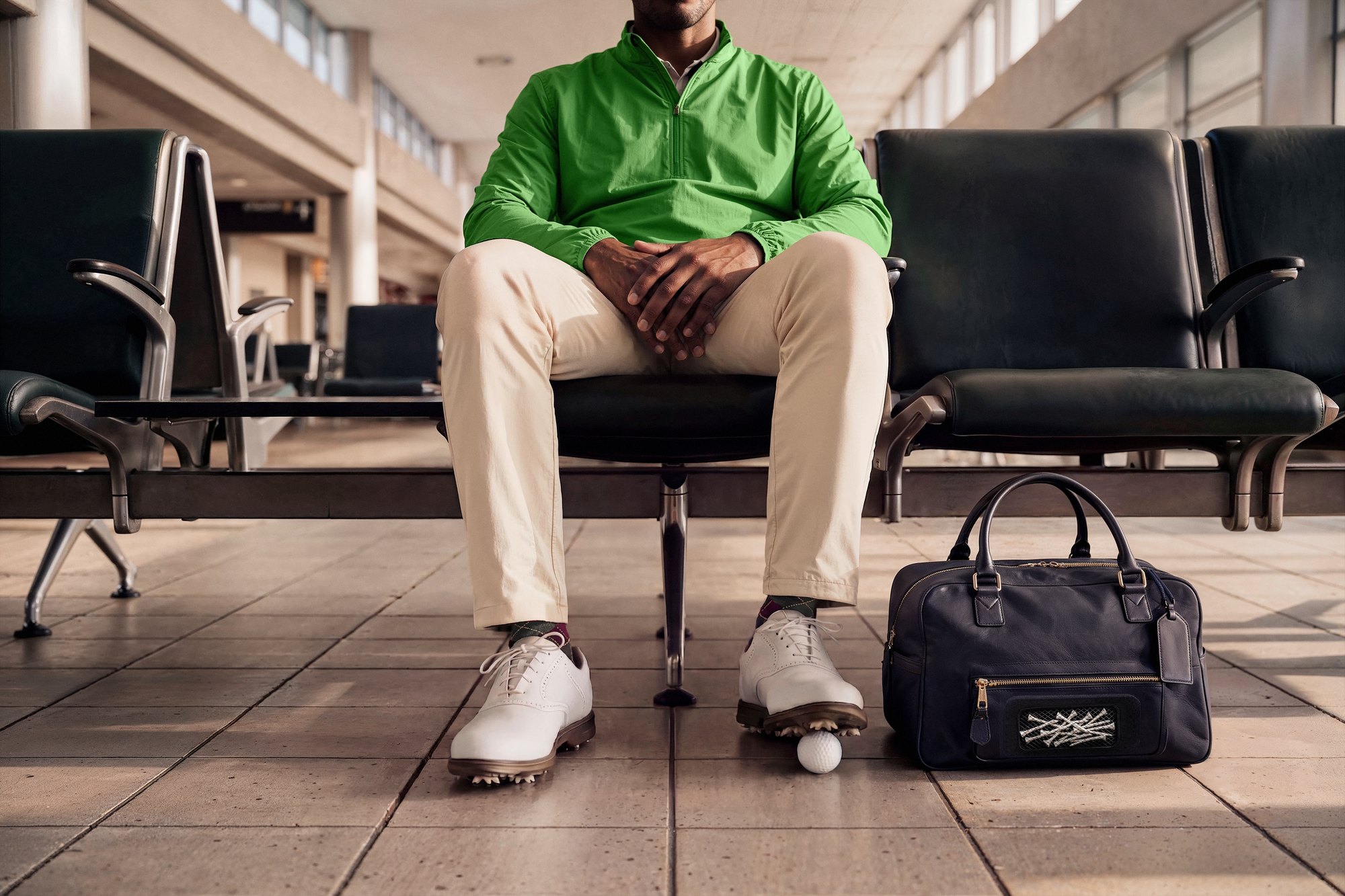 The Course: a traveller in white golf shoes and chinos waiting at an airport gate with a golf bag and a ball at his feet, shown from the knees down - AI-generated image by Matter Studio for Zurich Travel Guard