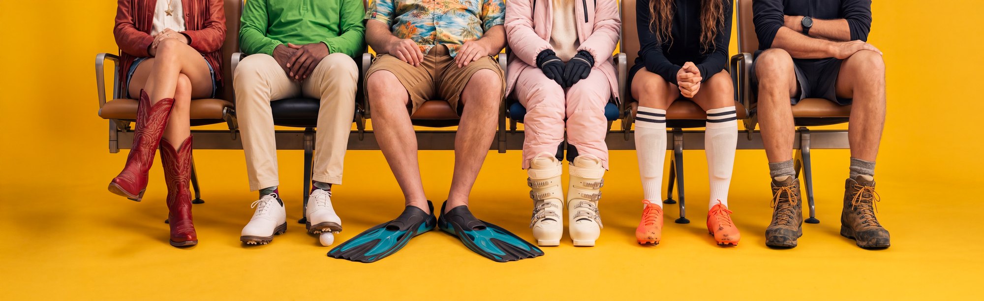 Wide-format out-of-home composition: six travellers seated in a row of airport gate chairs against a Zurich yellow background, shown from the knees down in cowboy boots, golf shoes, dive fins, ski boots, football boots and hiking boots - AI-generated campaign image by Matter Studio for Zurich Travel Guard