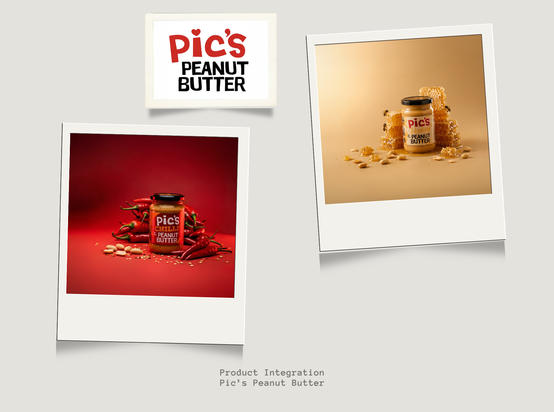 Header collage of AI-generated Pic's Peanut Butter launch imagery by Matter Studio: Honey Peanut Butter jar with honeycomb on amber, Chilli Peanut Butter jar with fresh chillies on red, and the Pic's logo