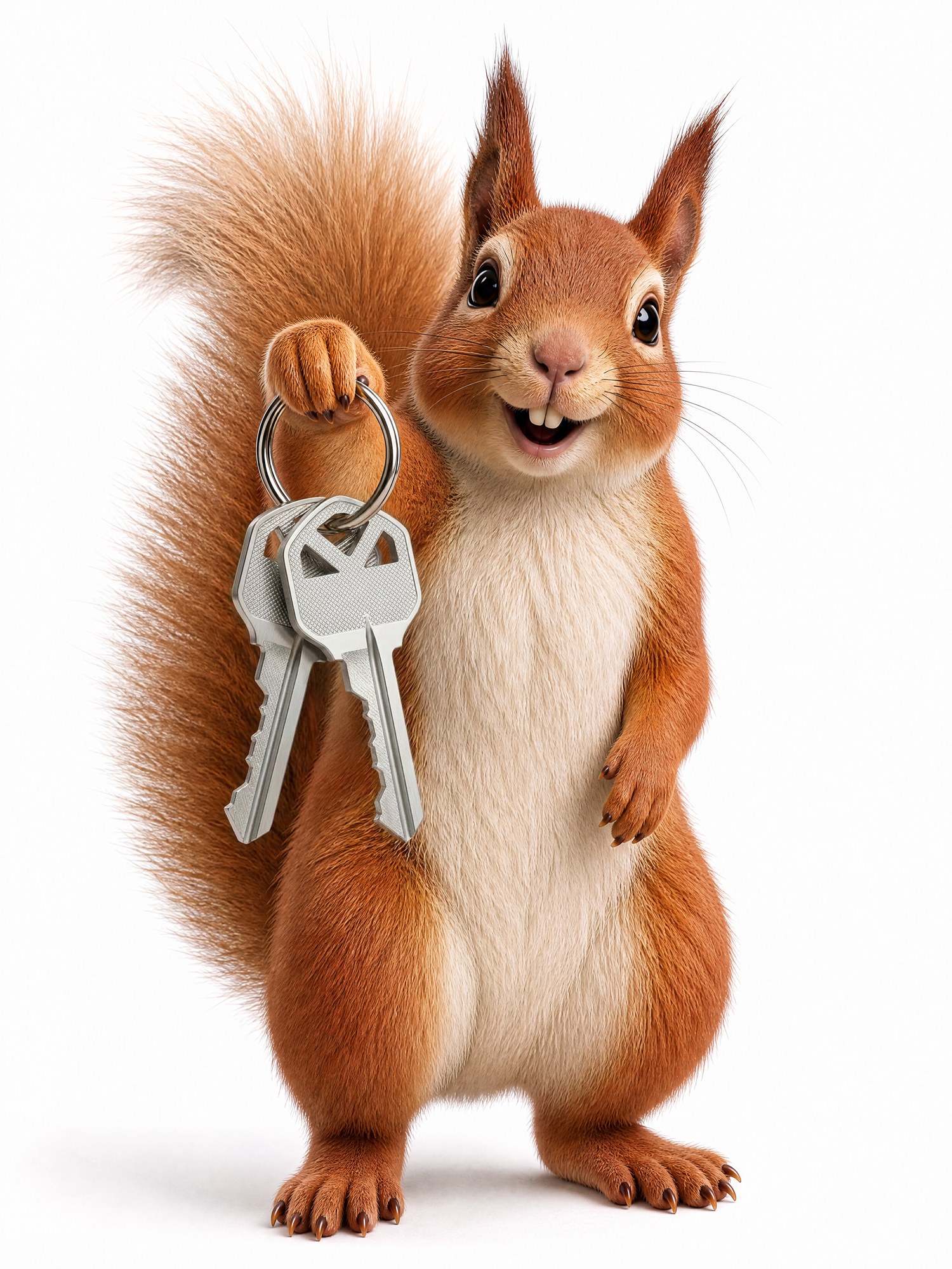 Bernie, Squirrel's red squirrel brand character, standing on white holding a set of house keys - AI character image by Matter Studio