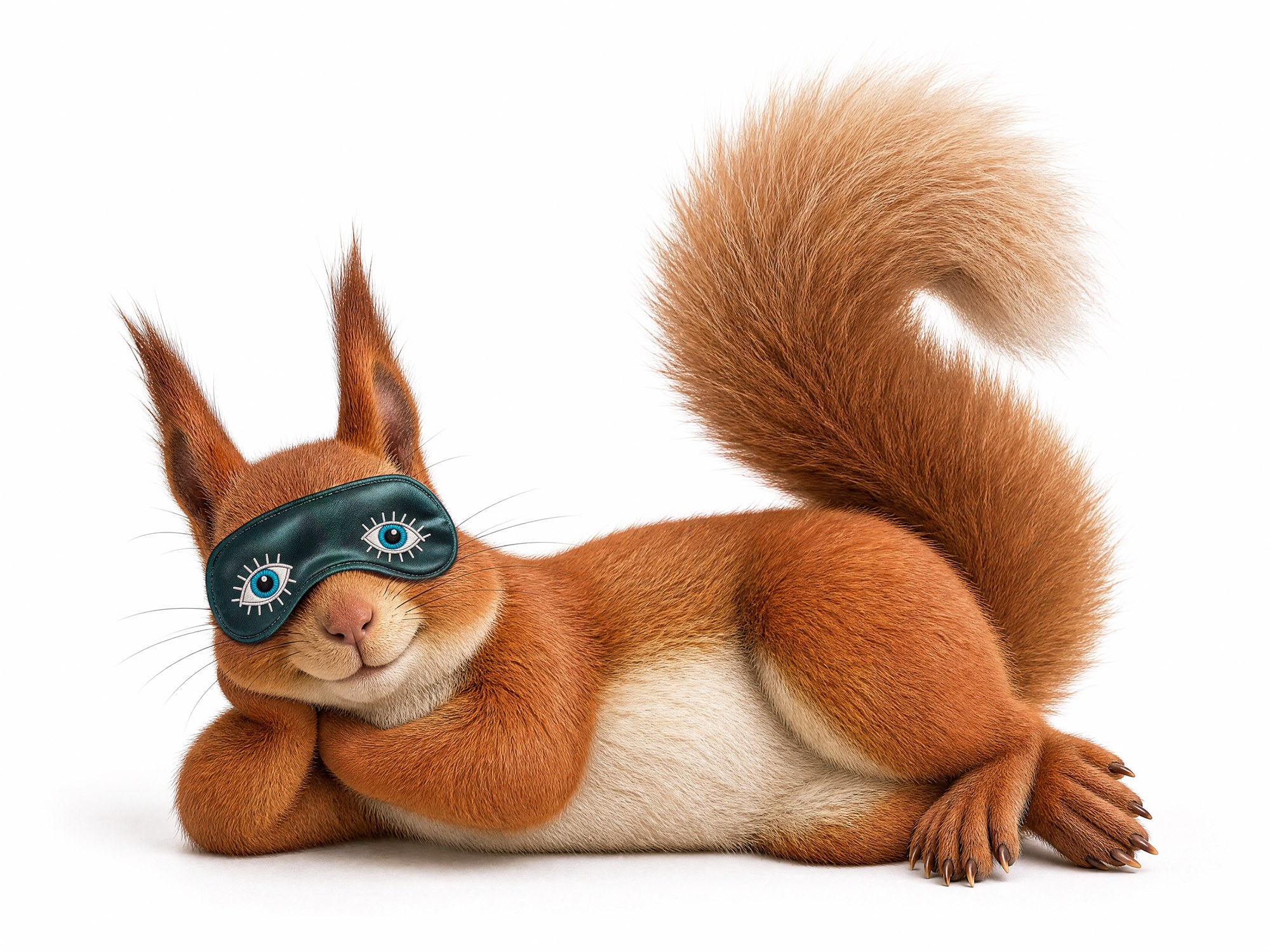 Bernie the Squirrel brand character lying down wearing a sleep mask with painted-on eyes, on white - AI character image by Matter Studio