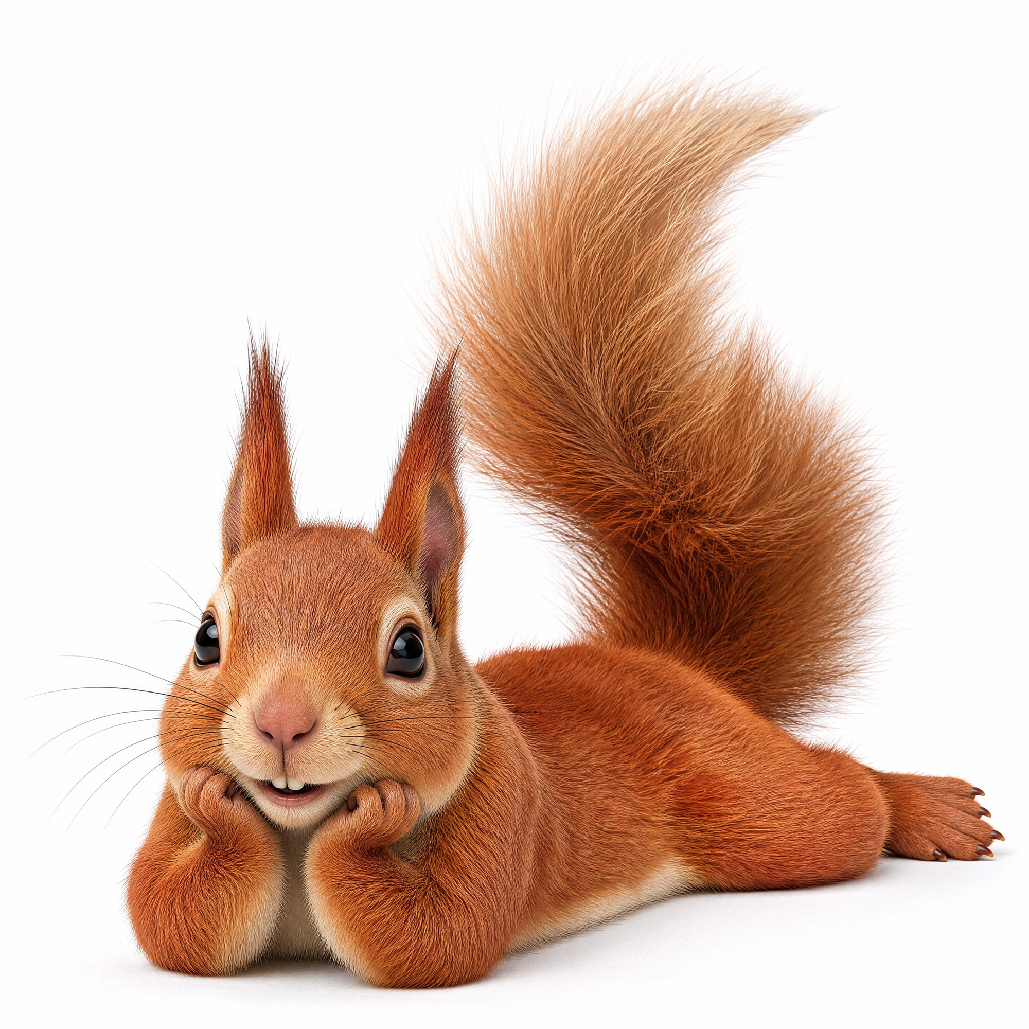Bernie the Squirrel brand character lying on his front with chin in paws, on white - AI character image by Matter Studio